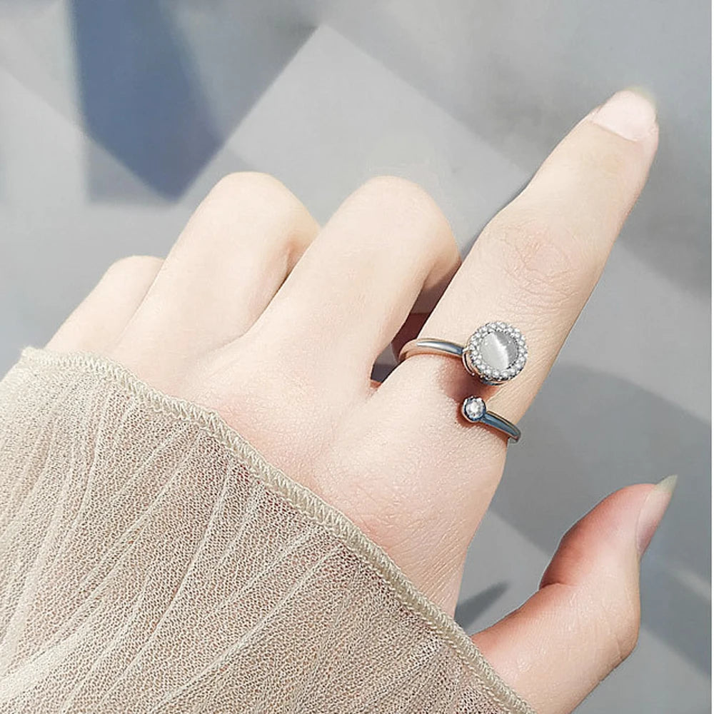 Daifuni 925 Sterling Silver anti Stress Anxiety Cymophane Rings for Woman Open Adjustable Spinner Rotate Freely Lady Jewelry