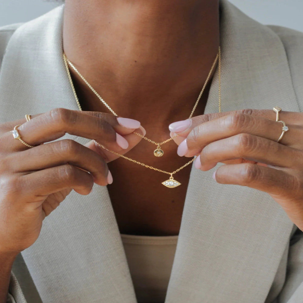 Waterproof - Gold Evil Eye Necklace - 18K Gold Vermeil - Minimalist Necklace - Evil Eye Pendant - White CZ - Layering Necklace - Stacking