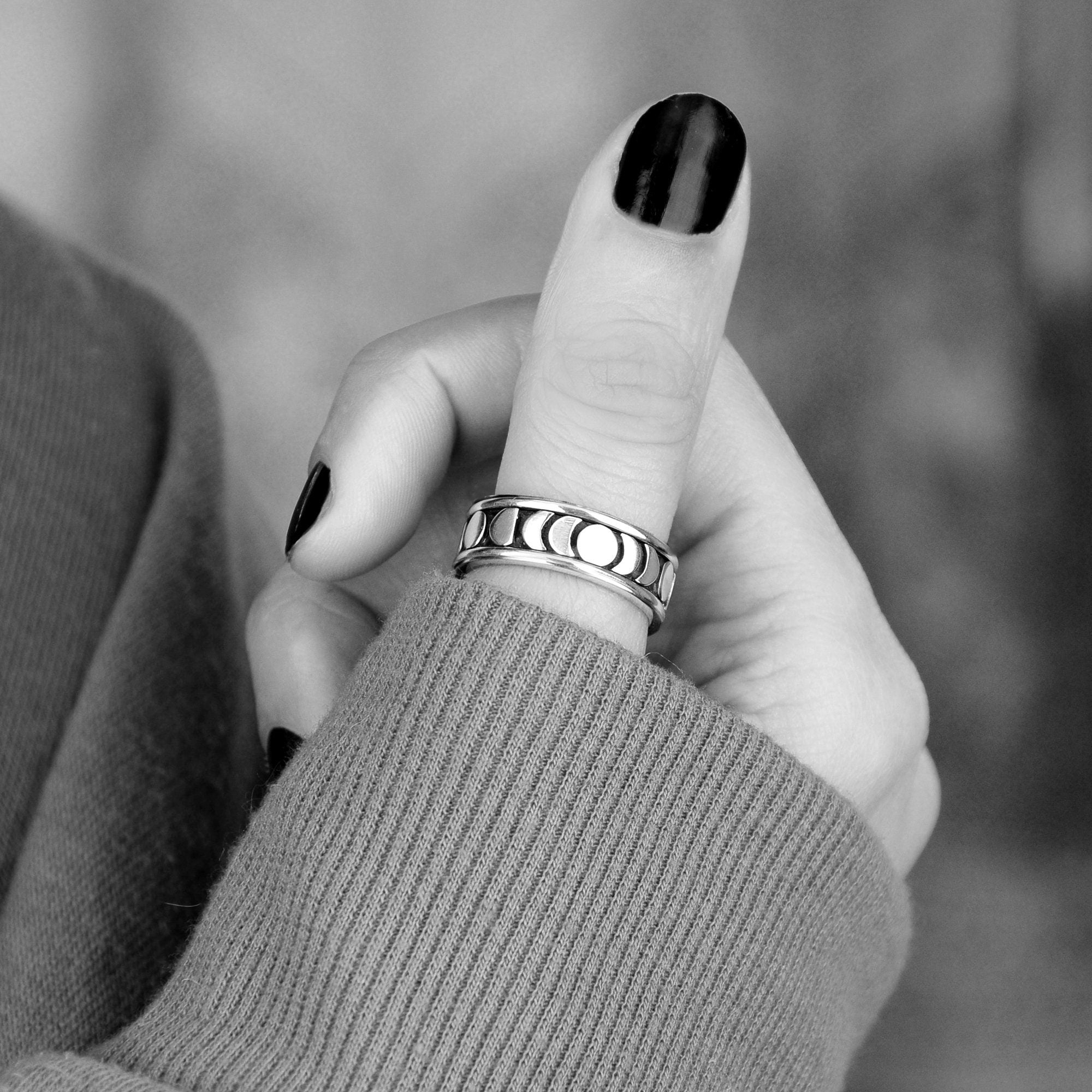 Moon Phase Spinner Ring for Women, Sterling Silver Crescent Moon Ring, Meditation Fidget Ring, Boho Celestial Jewelry